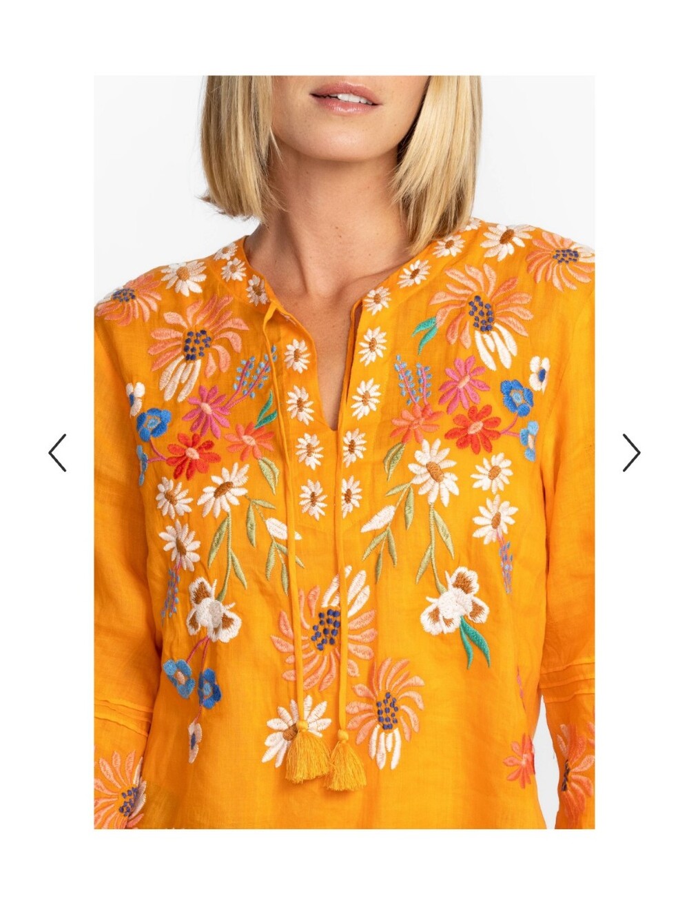Mustard Yellow Embroidered Floral Pullover with Tassels